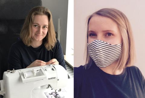 Silke en Hanne, studenten lerarenopleiding naaien mondmaskers 